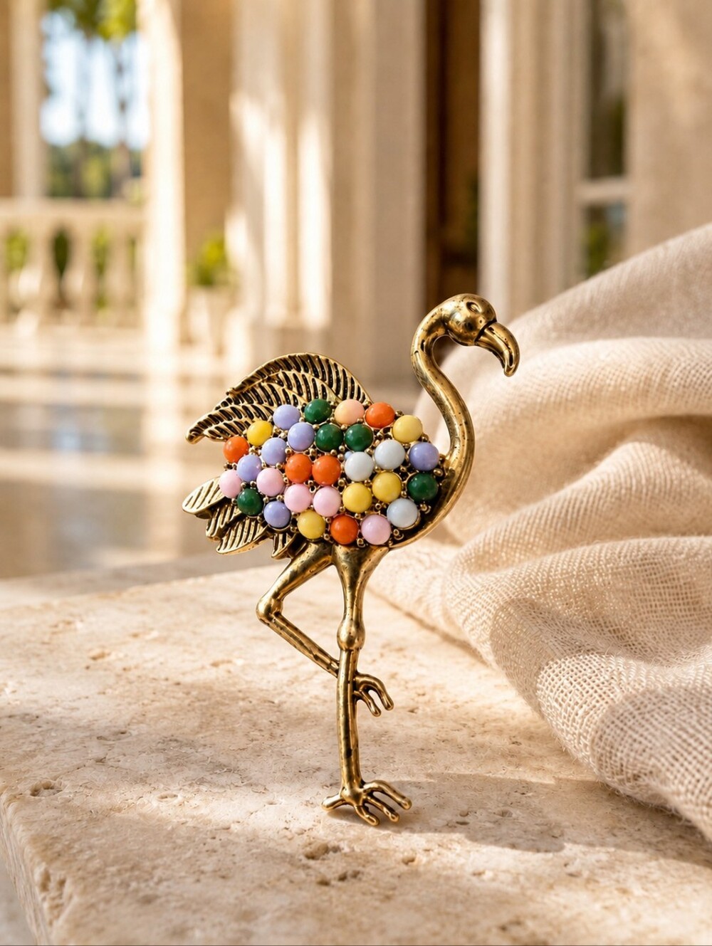 Vintage Gold Tone Flamingo Pendant Colorful Bead Mosaic Tropical Bird Charm
